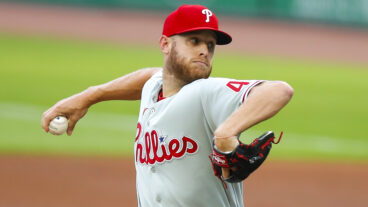 Zack Wheeler of the Philadelphia Phillies delivers a pitch in the first inning of an MLB game against the Atlanta Braves at Truist Park.