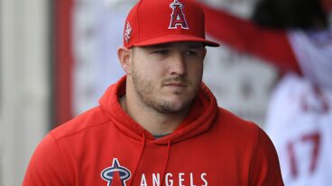 Mike Trout (27) of the Los Angeles Angels in the dugout before playing the San Francisco Giantson June 22, 2021 at Angel Stadium.