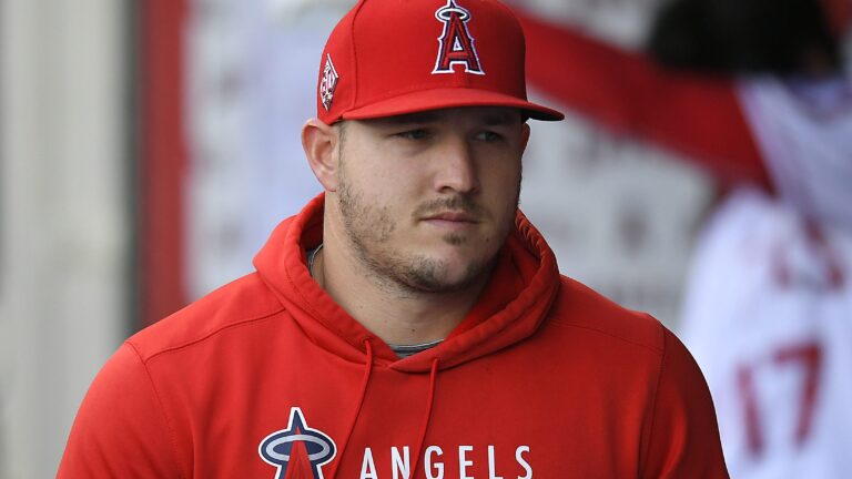 Mike Trout (27) of the Los Angeles Angels in the dugout before playing the San Francisco Giantson June 22, 2021 at Angel Stadium.