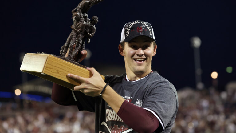 OMAHA, NEBRASKA - JUNE 30: Will Bednar #24 of the Mississippi St. celebrates after being named series MVP after Mississippi St. beat Vanderbilt 9-0 during game three of the College World Series Championship at TD Ameritrade Park Omaha on June 30, 2021 in Omaha, Nebraska. (Photo by Sean M. Haffey/Getty Images)
