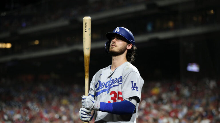 PHILADELPHIA, PA - AUGUST 11: Cody Bellinger #35 of the Los Angeles Dodgers looks on during the game between the Los Angeles Dodgers and the Philadelphia Phillies at Citizens Bank Park on Wednesday, August 11, 2021 in Philadelphia, Pennsylvania. (Photo by Rob Tringali/MLB Photos via Getty Images)