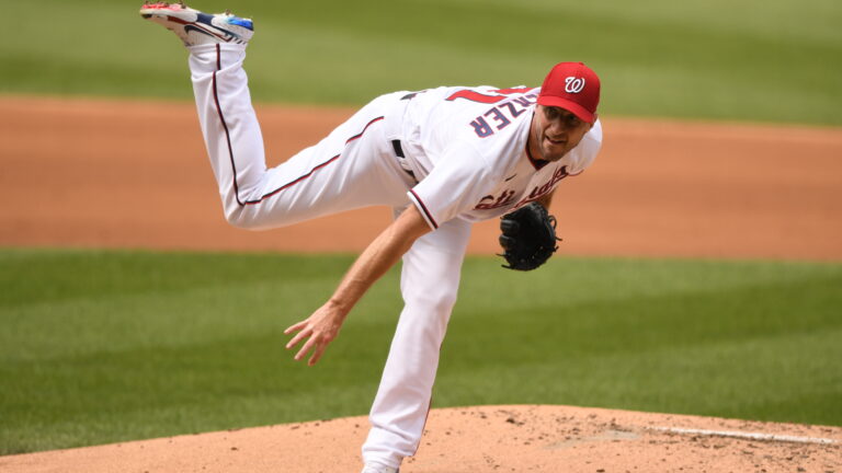 Max Scherzer of the Washington Nationals pitches during a baseball game the San Diego Padres at Nationals Park.