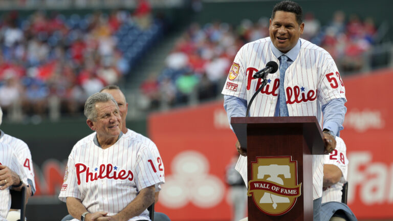 Former Philadelphia Phillie Bobby Abreu speaks, as former manager Larry Bowa looks on, during his induction ceremony onto the Phillies Wall of Fame before a game against the Chicago White Sox at Citizens Bank Park.