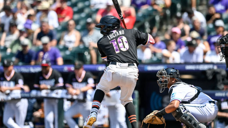 Marco Luciano of National League Futures Team bats against the American League Futures Team at Coors Field.