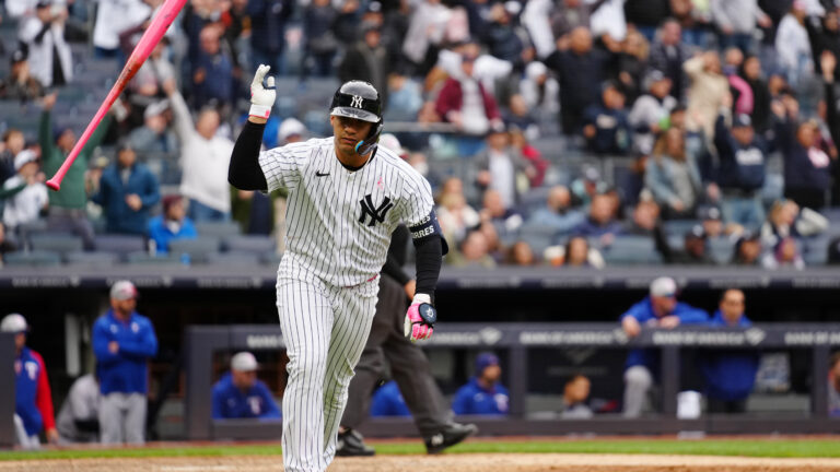 Gleyber Torres of the New York Yankees celebrates after hitting a walk off home run to defeat the Texas Rangers at Yankee Stadium.