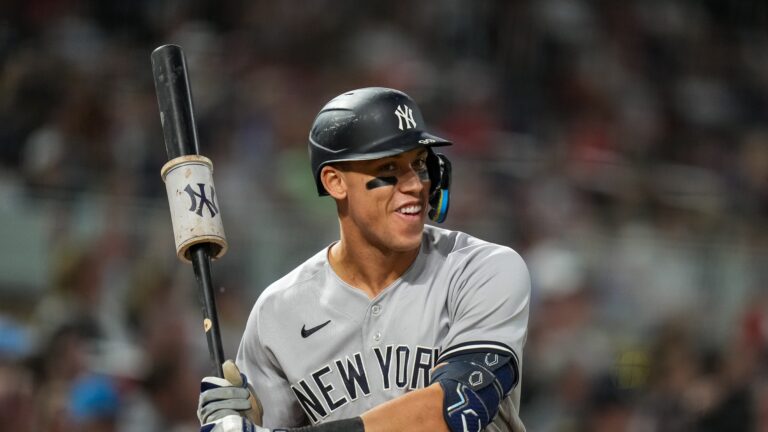 Corner outfielder Aaron Judge of the New York Yankees looks on against the Minnesota Twins.