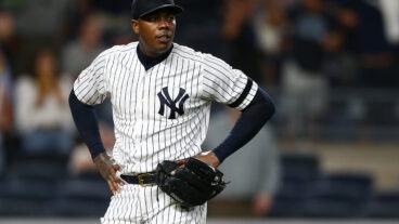 NEW YORK, NEW YORK - JULY 15: Aroldis Chapman #54 of the New York Yankees reacts after giving up a three-run home run to Travis d'Arnaud #37 of the Tampa Bay Rays in the ninth inning at Yankee Stadium on July 15, 2019 in New York City. (Photo by Mike Stobe/Getty Images)