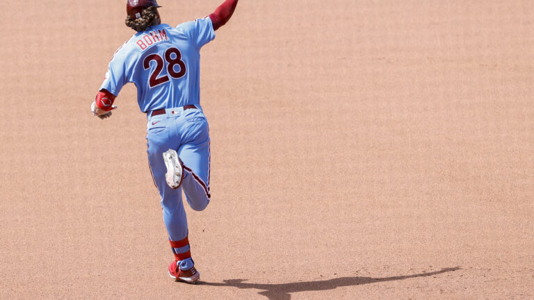 Alec Bohm #28 of the Philadelphia Phillies celebrates hitting a one run home run during the seventh inning at Citizens Bank Park.