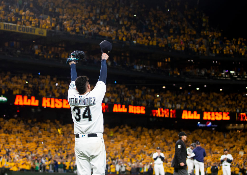 SEATTLE, WA - SEPTEMBER 26: Felix Hernandez #34 of the Seattle Mariners acknowledges cheering fans as he is taken out of the game during his last game with the Seattle Mariners in the sixth inning against the Oakland Athletics at T-Mobile Park on September 26, 2019 in Seattle, Washington. (Photo by Lindsey Wasson/Getty Images)