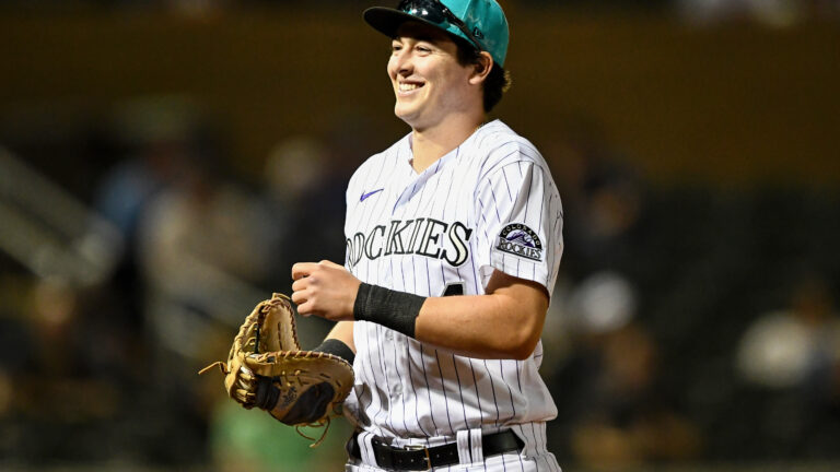 Michael Toglia of the Salt River Rafters runs off the field during the Arizona Fall League Fall Stars Game at Salt River Fields.