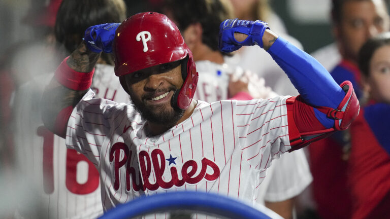 Edmundo Sosa of the Philadelphia Phillies celebrates his two-run home run in the bottom of the third inning against the Miami Marlins at Citizens Bank Park.