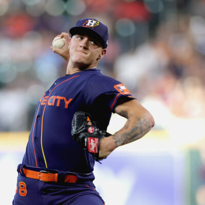 Hunter Brown of the Houston Astros delivers during the first inning against the Texas Rangers at Minute Maid Park.