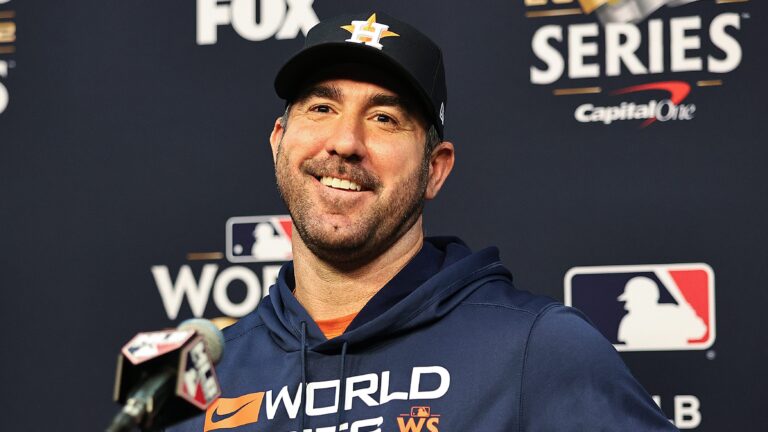 Justin Verlander #35 of the Houston Astros during a press conference ahead of Game One of the World Series between the Houston Astros and Philadelphia Phillies at Minute Maid Park.