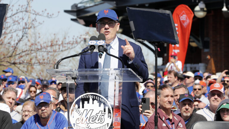 New York Mets owner Steven A. Cohen speaks at the Tom Seaver statue unveiling ceremony before a game against the Arizona Diamondbacks at Citi Field on April 15, 2022 in New York City. All players are wearing #42 in honor of Jackie Robinson Day. The Mets defeated the Diamondbacks 10-3.