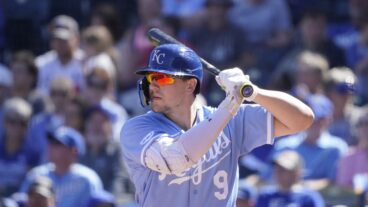 Vinnie Pasquantino #9 of the Kansas City Royals bats against the Seattle Mariners at Kauffman Stadium.