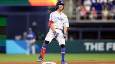 MIAMI, FL - MARCH 12: Garrett Stubbs #21 of Team Israel celebrates after hitting a two-RBI double in the eighth inning of Game 3 of Pool D between Team Nicaragua and Team Israel at loanDepot Park on Sunday, March 12, 2023 in Miami, Florida. (Photo by Rob Tringali/WBCI/MLB Photos via Getty Images)