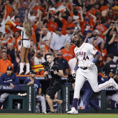 Underrated superstar Yordan Alvarez of the Houston Astros celebrates after hitting a walk-off home run against the Seattle Mariners during the ninth inning in game one of the American League Division Series at Minute Maid Park.