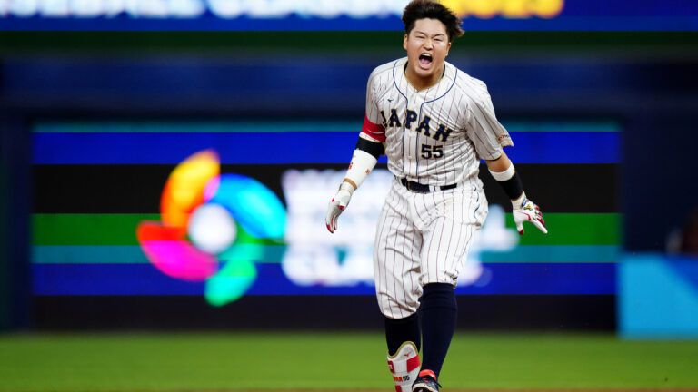 MIAMI, FL - MARCH 20: Munetaka Murakami #55 of Team Japan reacts to hitting a walk off two-run double in the ninth inning to lead Team Japan over Team Mexico in the 2023 World Baseball Classic Semifinal game at loanDepot Park on Monday, March 20, 2023 in Miami, Florida. (Photo by Daniel Shirey/WBCI/MLB Photos via Getty Images)