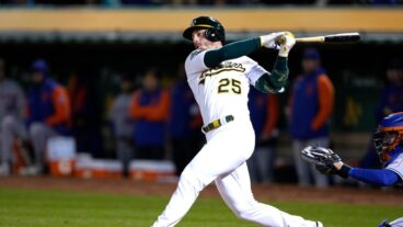 Brent Rooker of the Oakland Athletics bats against the New York Mets in the bottom of the fourth inning of a major league baseball game at RingCentral Coliseum.