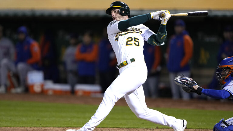 Brent Rooker of the Oakland Athletics bats against the New York Mets in the bottom of the fourth inning of a major league baseball game at RingCentral Coliseum.