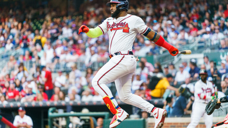 ATLANTA, GA - MAY 7: Marcell Ozuna #20 of the Atlanta Braves hits into an RBI fielder's choice during the first inning during the game between the Atlanta Braves and the Boston Red Sox at Truist Park on May 7, 2023 in Atlanta, Georgia. (Photo by Matthew Grimes Jr./Atlanta Braves/Getty Images)