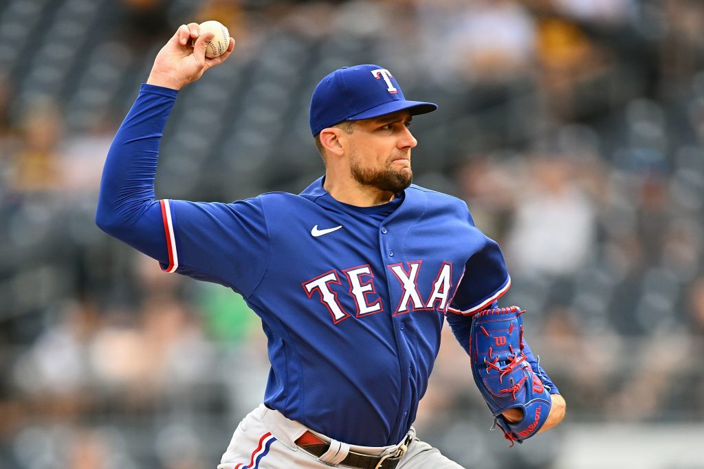 Nathan Eovaldi #17 of the Texas Rangers pitches during the first inning against the Pittsburgh Pirates at PNC Park.