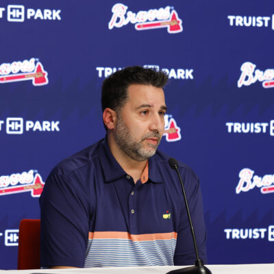 Atlanta Braves president, Alex Anthopoulos attends a press conference speaking about Austin Rileys contract extension and recent trades prior to the game against the Philadelphia Phillies at Truist Park.