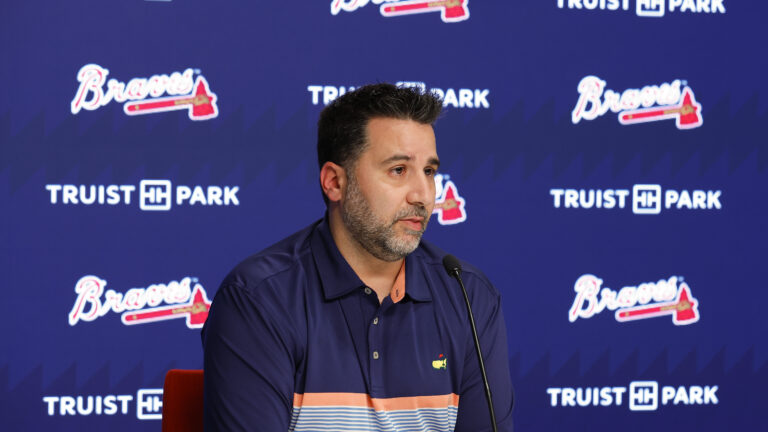 Atlanta Braves president, Alex Anthopoulos attends a press conference speaking about Austin Rileys contract extension and recent trades prior to the game against the Philadelphia Phillies at Truist Park.