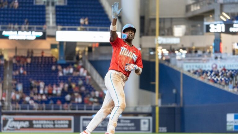 Jazz Chisholm Jr. of the Miami Marlins waves to fans after hitting a home run during the sixth inning against the Cincinnati Reds at loanDepot park.