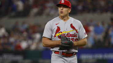 Ryan Helsley #56 of the St. Louis Cardinals looks on after the final out against the Texas Rangers at Globe Life Field.