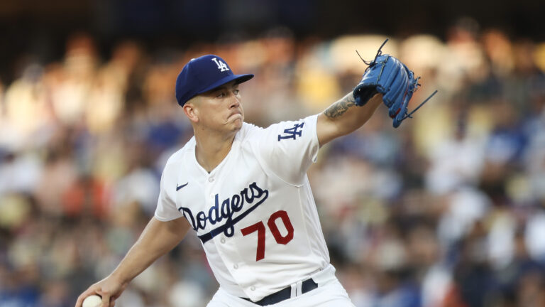 Bobby Miller #70 of the Los Angeles Dodgers pitches in the fifth inning against the San Francisco Giants at Dodger Stadium.