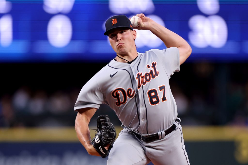 SEATTLE, WASHINGTON - JULY 14: Tyler Holton #87 of the Detroit Tigers pitches against the Seattle Mariners at T-Mobile Park on July 14, 2023 in Seattle, Washington. (Photo by Steph Chambers/Getty Images)