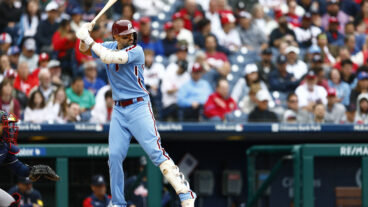 Nick Castellanos #8 of the Philadelphia Phillies in action against the Atlanta Braves during a game at Citizens Bank Park