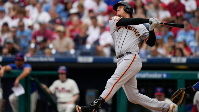 Wilmer Flores of the San Francisco Giants at bat in a game against the Philadelphia Phillies at Citizen Bank Park.
