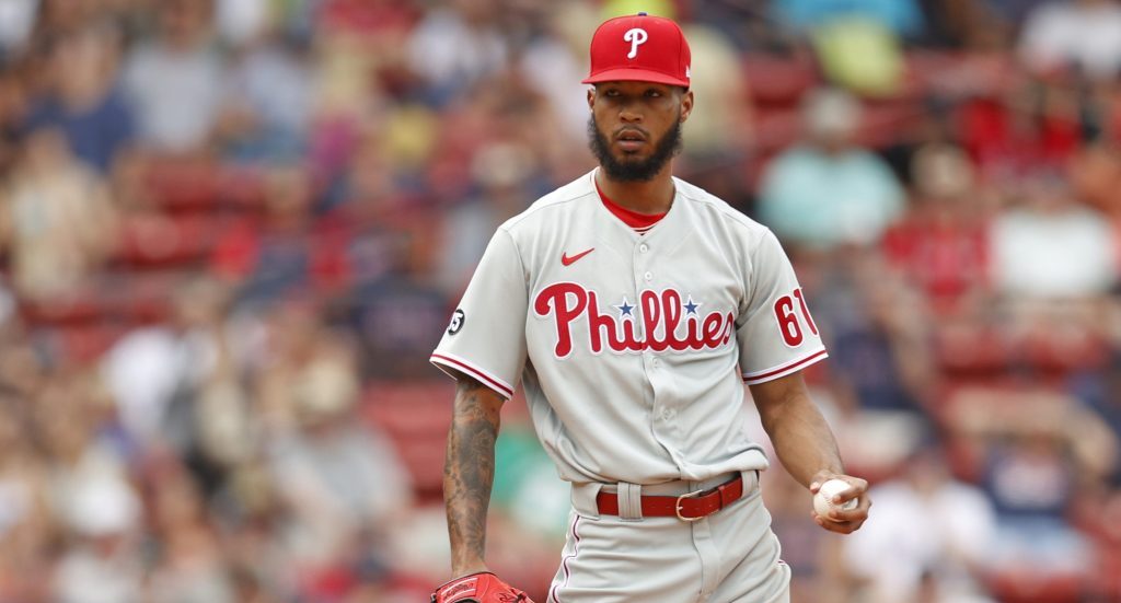 Cristopher Sanchez of the Philadelphia Phillies looks on during the third inning against the Boston Red Sox at Fenway Park.