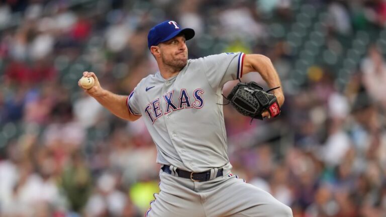 Max Scherzer #31 of the Texas Rangers pitches against the Minnesota Twins on August 26, 2023 at Target Field.