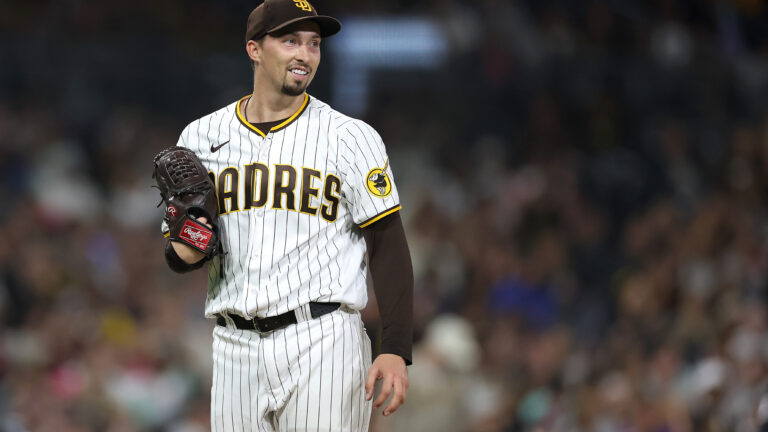 Blake Snell of the San Diego Padres looks o during the sixth inning of a game against the Colorado Rockies at PETCO Park.