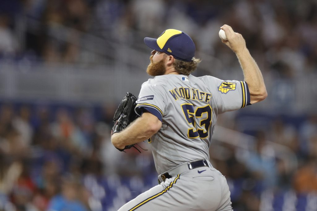 Brandon Woodruff of the Milwaukee Brewers delivers during the first inning against the Miami Marlins at loanDepot park.