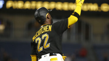 Andrew McCutchen #22 of the Pittsburgh Pirates celebrates after hitting a two run home run in the fifth inning against the St. Louis Cardinals at PNC Park.