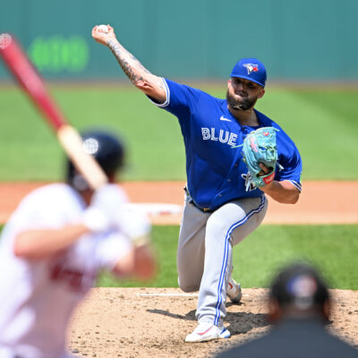 CLEVELAND, OHIO - AUGUST 10, 2023: Alek Manoah #6 of the Toronto Blue Jays throws a pitch during the fourth inning against the Cleveland Guardians at Progressive Field on August 10, 2023 in Cleveland, Ohio. (Photo by Nick Cammett/Diamond Images via Getty Images)
