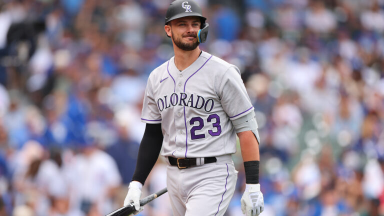 Kris Bryant of the Colorado Rockies reacts after striking out against the Chicago Cubs during the first inning at Wrigley Field.