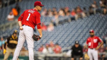 MacKenzie Gore #1 of the Washington Nationals pitches in the first inning against the San Diego Padres at Nationals Park.