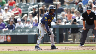 Yophery Rodriguez of the Milwaukee Brewers leads off first base during a spring training game against the Colorado Rockies at Salt River Fields.