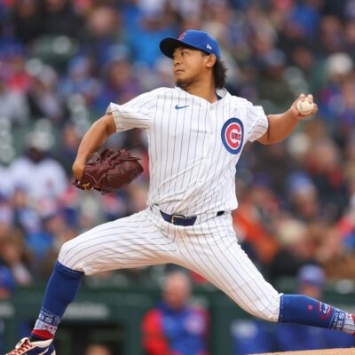 Shota Imanaga of the Chicago Cubs delivers a pitch in his MLB debut against the Colorado Rockies during the first inning at Wrigley Field.