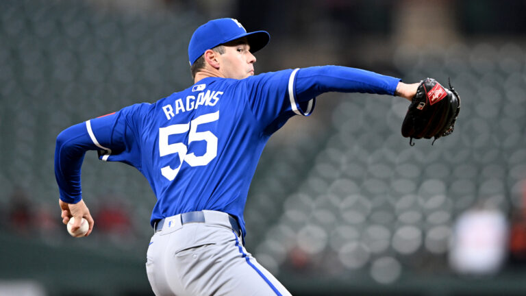 Cole Ragans #55 of the Kansas City Royals pitches against the Baltimore Orioles at Oriole Park at Camden Yards.
