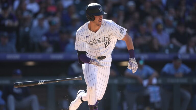 Nolan Jones of the Colorado Rockies hits a single against the Tampa Bay Rays.