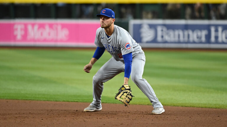 PHOENIX, ARIZONA - APRIL 16: Michael Busch #29 of the Chicago Cubs gets ready to make a play against the Arizona Diamondbacks at Chase Field on April 16, 2024 in Phoenix, Arizona. (Photo by Norm Hall/Getty Images)