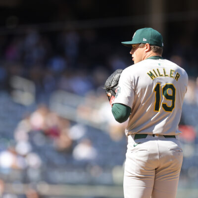 Mason Miller of the Oakland Athletics in action against the New York Yankees at Yankee Stadium.