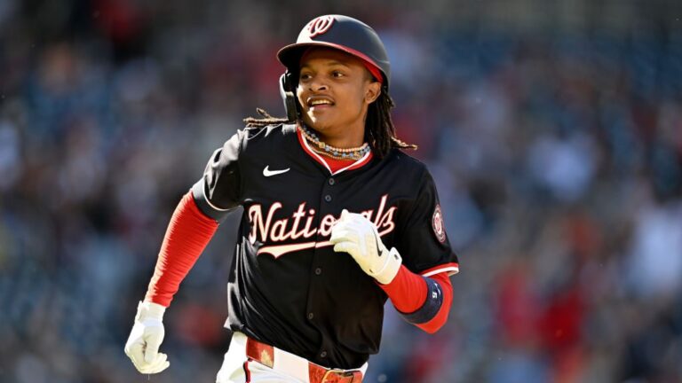CJ Abrams of the Washington Nationals rounds the bases after hitting a home run in the first inning against the Houston Astros at Nationals Park.