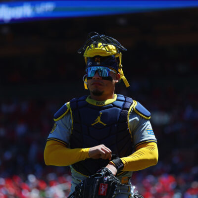 ST LOUIS, MISSOURI - APRIL 21: William Contreras #24 of the Milwaukee Brewers returns to the dugout on a game against the St. Louis Cardinals at Busch Stadium on April 21, 2024 in St Louis, Missouri. (Photo by Dilip Vishwanat/Getty Images)